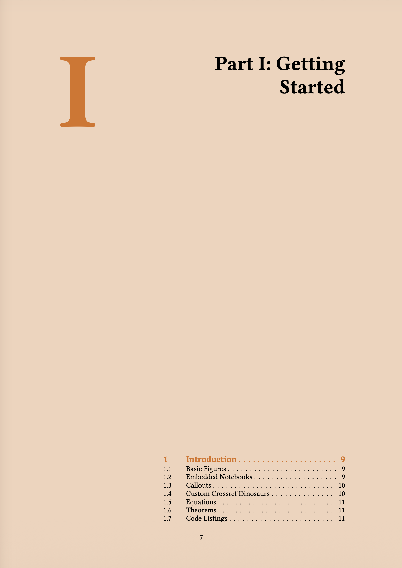 A Typst book rendered with the orange-book extension, showing the part one page with a colored background and table of contents